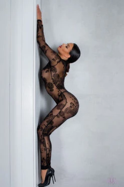 Noir Handmade Fabulous Tulle Catsuit -Mayfair Stockings Mayfair StockingsIMAGE F237 sidestretched 9