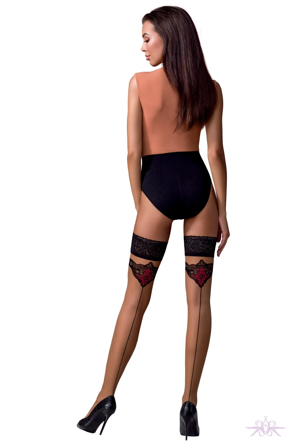 Passion Beige/Claret Seamed Lace Hold Ups 5 Passion Beige/Claret Seamed Lace Hold Ups - Image 3