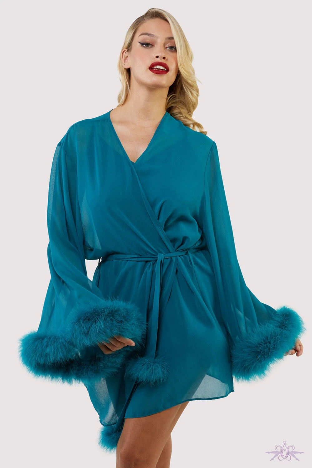 Playful Promises Bettie Page Feather Trim Teal Robe 4 Playful Promises Bettie Page Feather Trim Teal Robe - Image 2