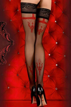 Ballerina Faux Suspender Floral Black/Red Hold Ups